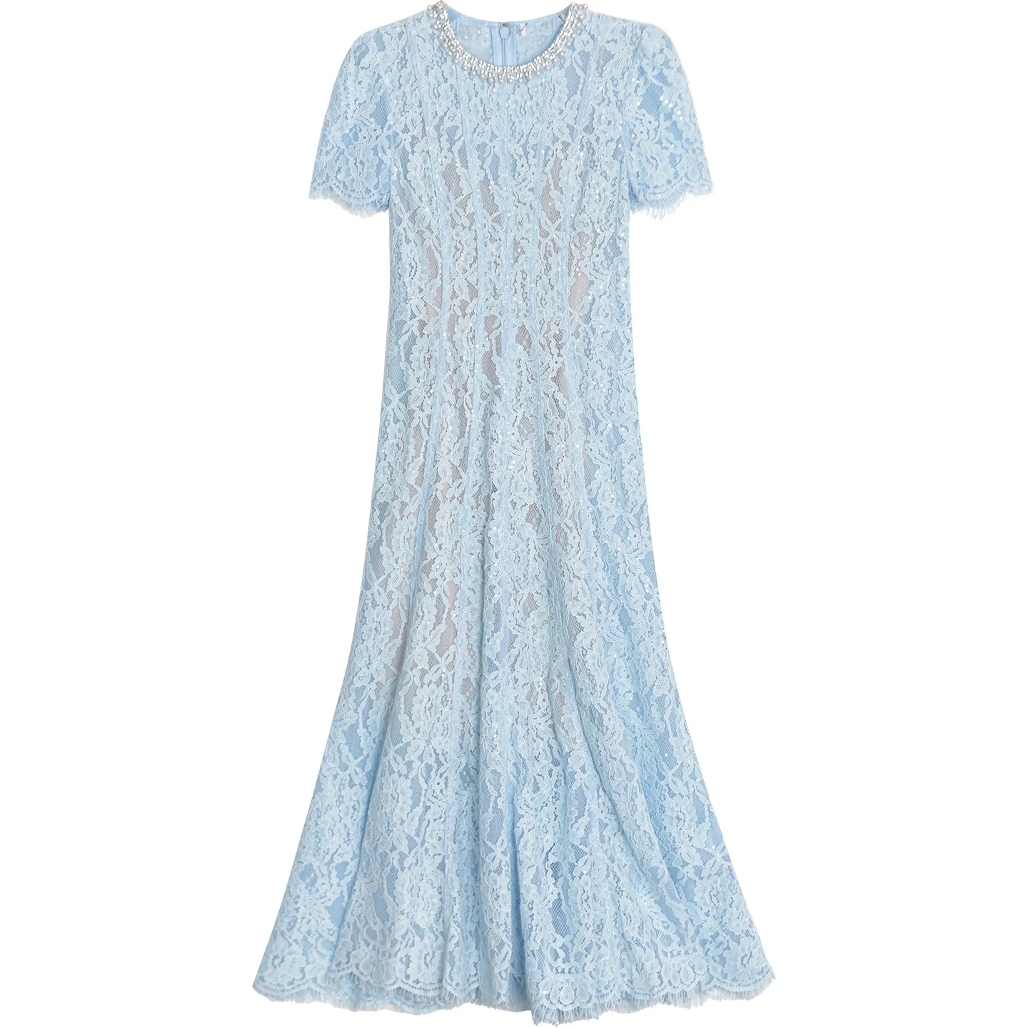 

Elegant Luxury Crystal Beaded Lace Prom Dress Summer Short Sleeve Slim Waist A-Line Evening Party Midi Robe for Women