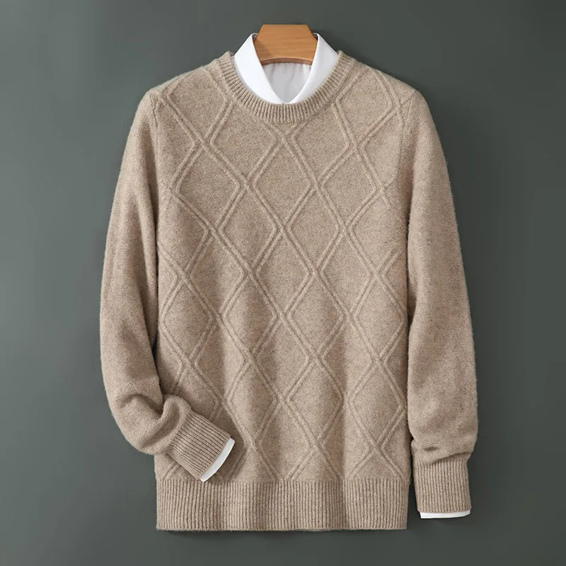 100% Pure Wool Sweater Men's O-Neck Jacquard Knit Pullover Business Casual High-End Large-Size Sweater Autumn Clothing Thick