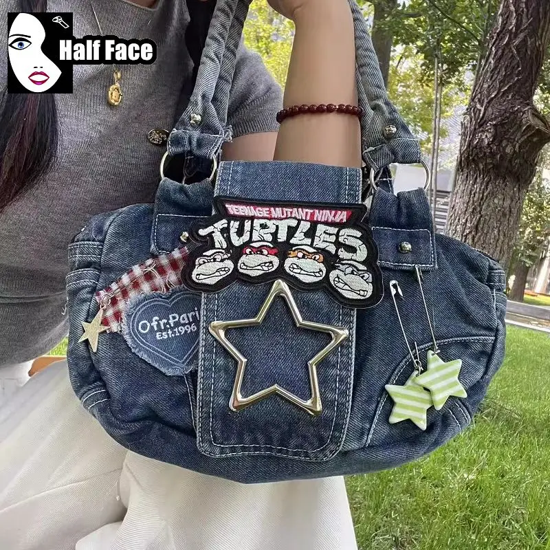 Y2K Spicy Girls Harajuku Women’s Gothic Punk Five Pointed Star Made Old Stickers One Shoulder Lolita Mini Washed Denim Bags Tote