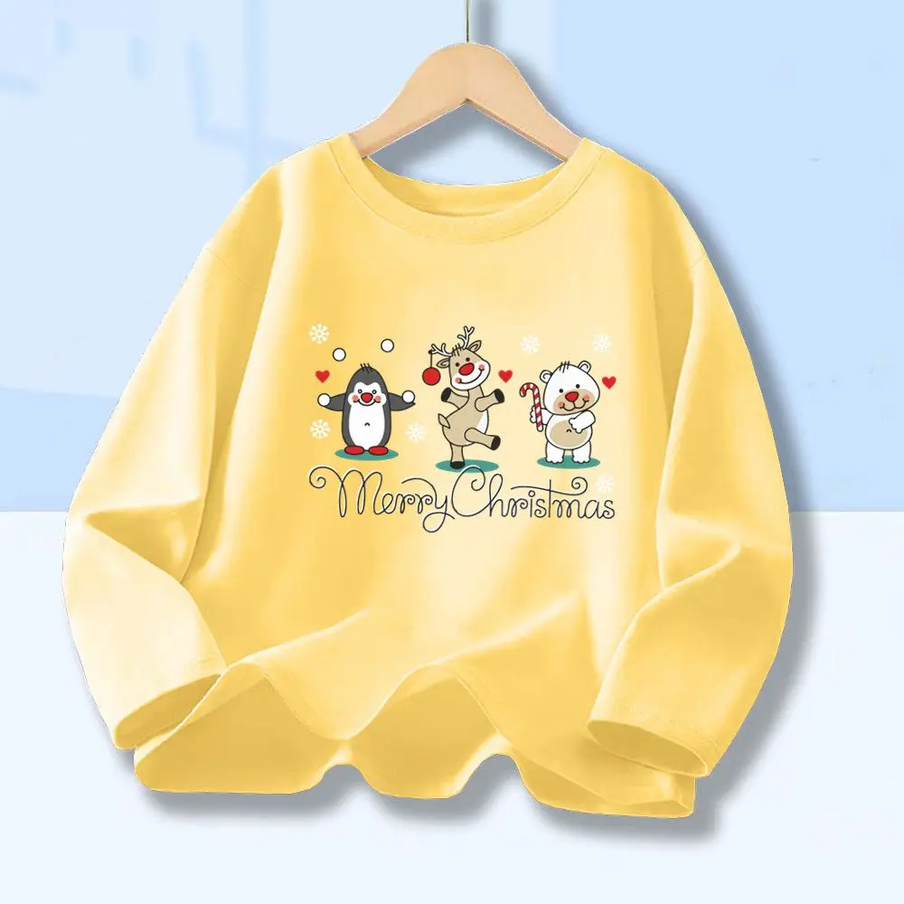 Weihnachtsgeschenk für Jungen, Baumwoll-Langarmshirt mit niedlichem Cartoon-Tiermotiv, Frohe Weihnachten, lässiges T-Shirt mit Rundhalsausschnitt für Kinder