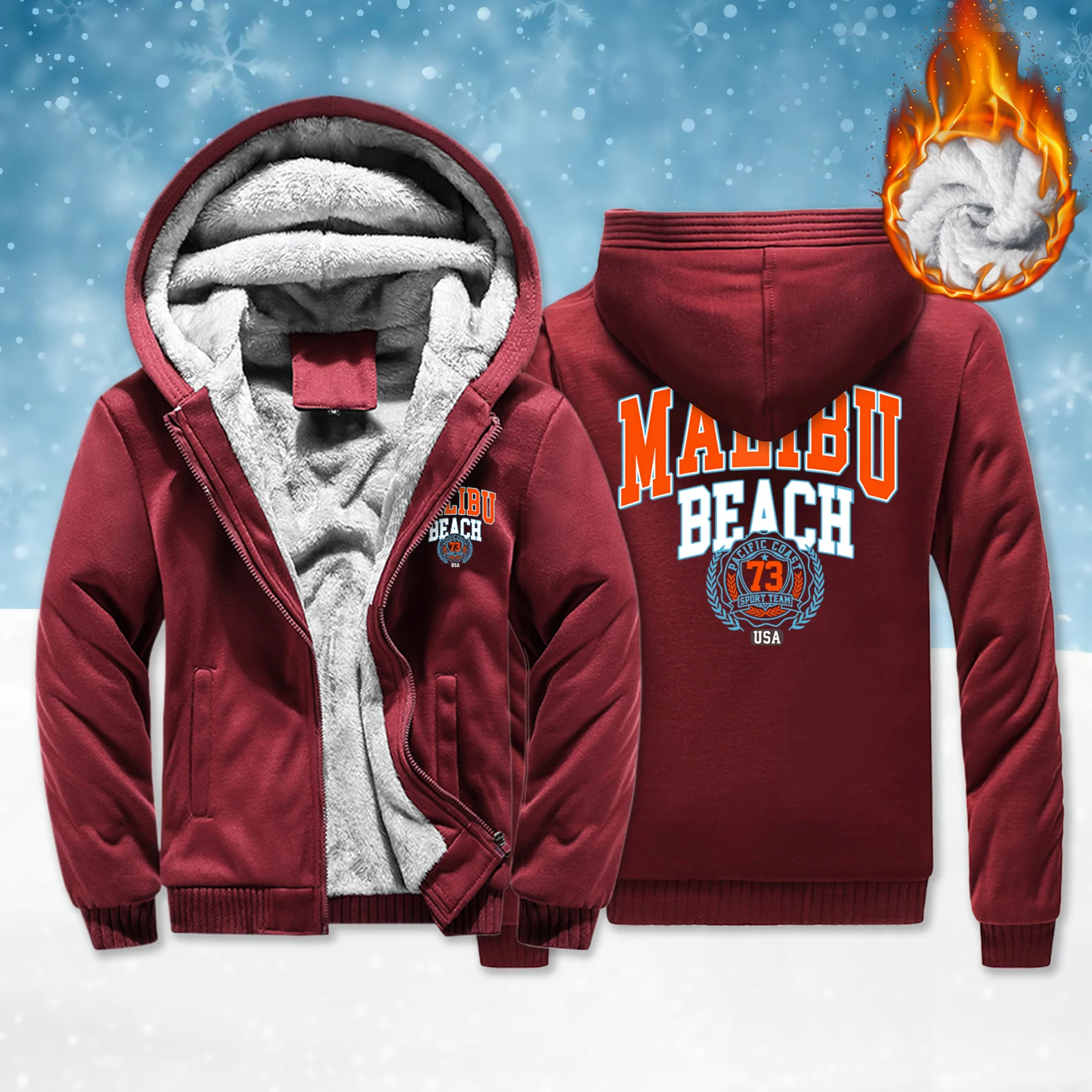 

Malibu Beach 73 Usa Print Zipper Thicken Coat Men Fashion Soft Hoodies Winter Fleece Warm Top Unisex Loose Casual Streetwear