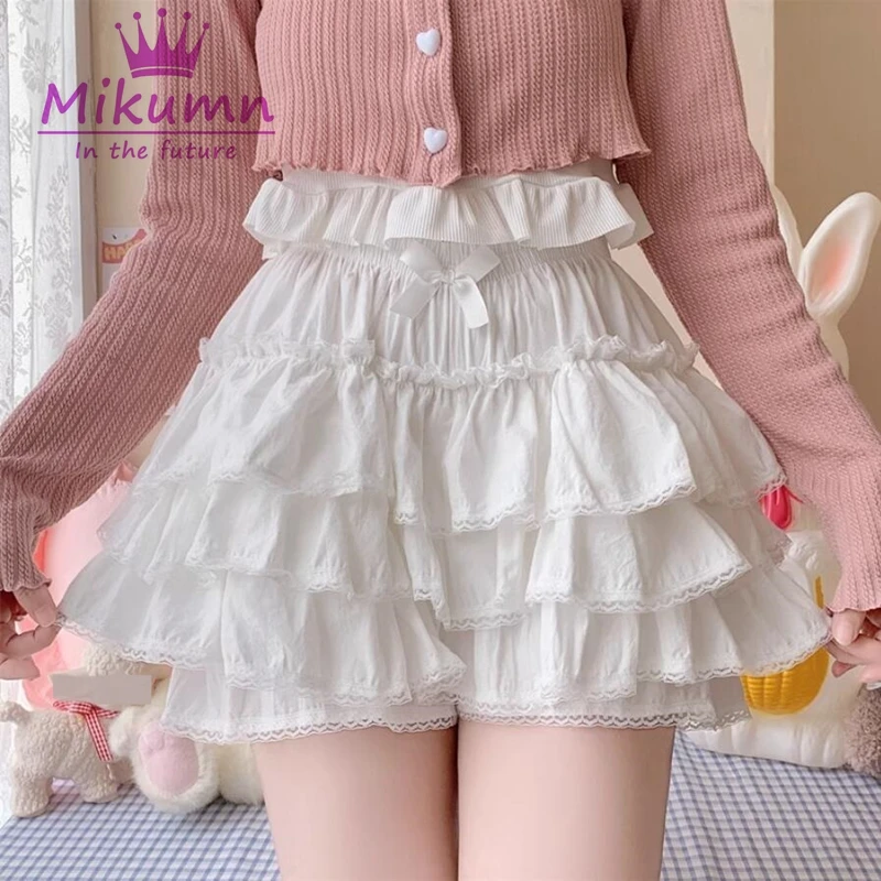Mikolumn Harajuku japońska Lolita Kawaii Jk Bloomers kobiety urocza koronka marszczone bawełniane spodnie z dyni Y2k dziewczęce słodkie krótkie
