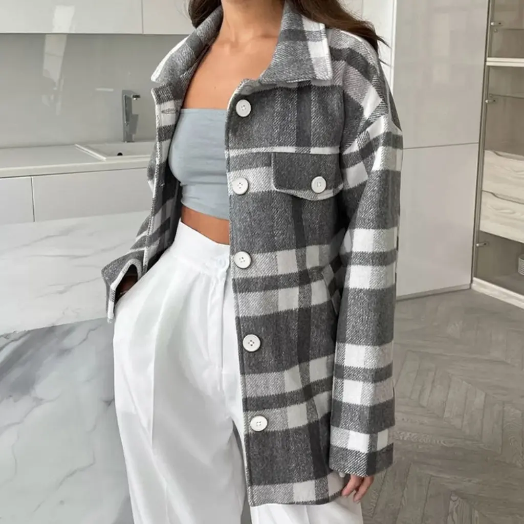 

Women's Lace Wool Coat Loose Lapel Check Design Autumn Winter Fashion European American Style Wholesale
