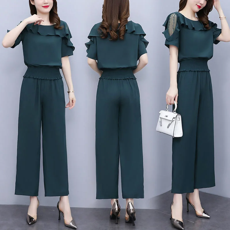 

Women's Suit 2024 Summer New Waistband Lace Openwork Off The Shoulder Short Sleeve Tops Wide Leg Pants 2 Two Piece Set For Women