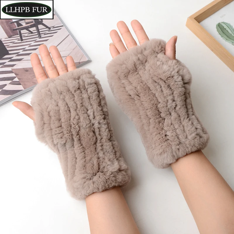 Hot Sale Women 100% Real Knitted Rex Rabbit Fur Mittens Winter Warm Lady Real Fur Fingerless Gloves Handmade Knit Fur Mittens