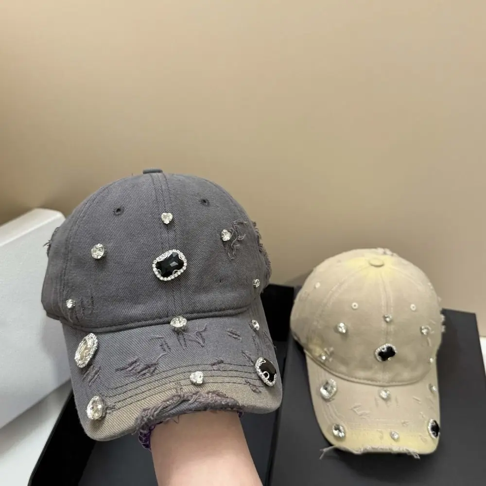 Cotton Rhinestone Baseball Cap Torn Effect Rhinestone Embellished Hip Hop Cap Vintage Wash Adjustable Snapback Hole Washed Hat