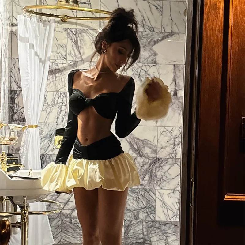 

Chic Sexy Crop Top 2 Piece Suits Backless Chest Wrap Top Pleated Hem Splice Mini Skirt 2024 New Fashion Lady Party Club Outfits