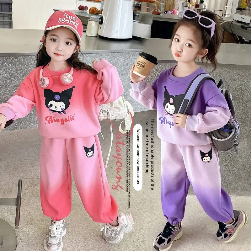 

New Anime Sanrio Kuromi Cartoon Print Hoodies Sets for Girls Long Sleeved Top and Long Pant Children's Tracksuits Birthday Gifts