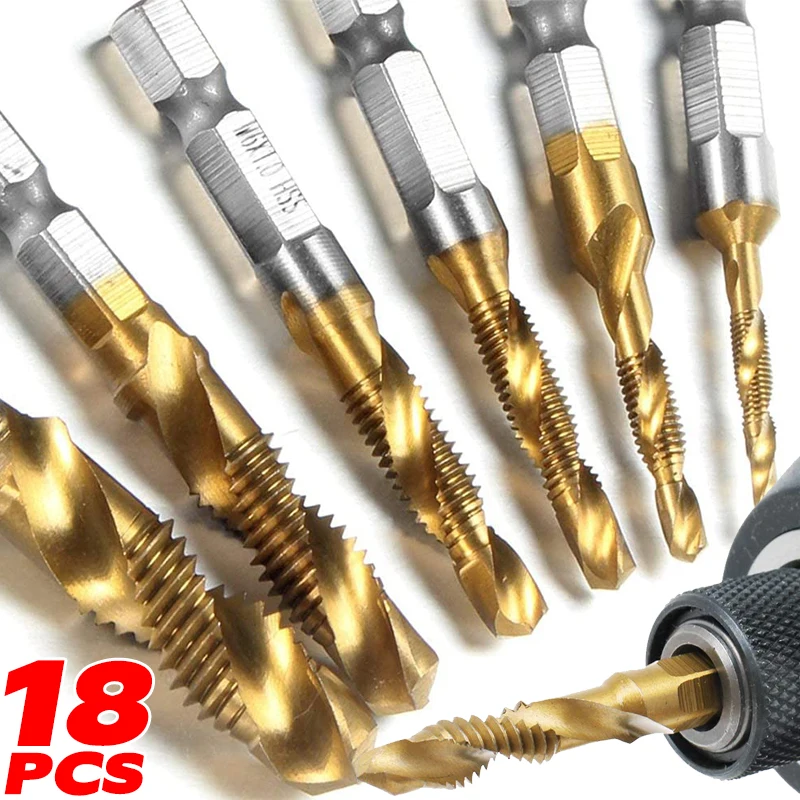 

Titanium Plated HSS Tapping Drill Bit Set Screw Thread Tap Hex Shank Combination Drill Bit Set Compound Drill Bit Hand Tools