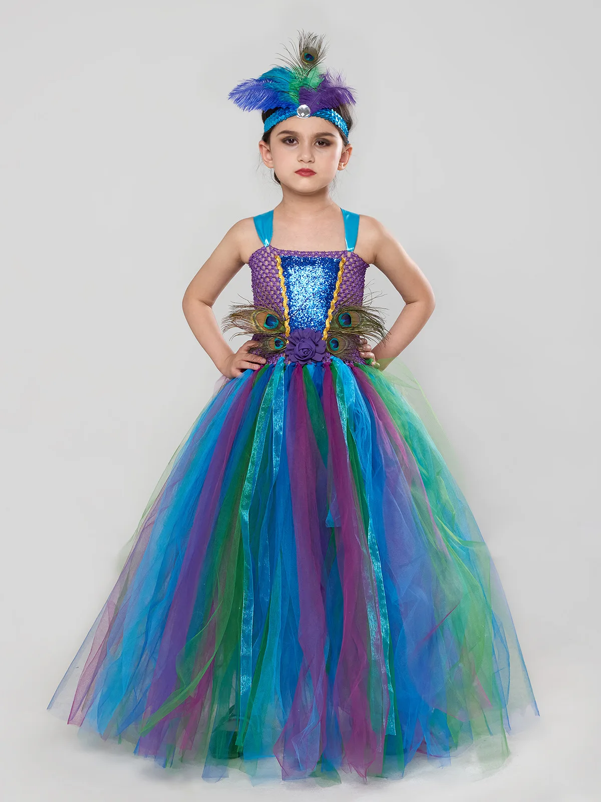 Fancy Peacock Feather Girl Pageant Tutu Dress With Headband Children Kids Birthday Party Wedding Ball Gowns Trailing Tulle Dress