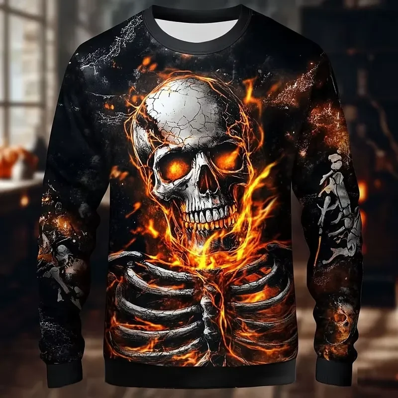 3D Print Casual Long Sleeve Men's T-Shirt Terror Skull 2026 Halloween Dress Up Street Hip Hop Y2k Fashion Fall Tops Tees