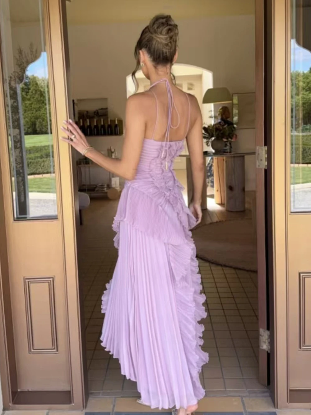 Modphy Women'S Irregular Pleated Slim Chiffon Long Dress Sexy Backless Ruffle Fashion Party Prom Elegant Evening Gown 2025 New