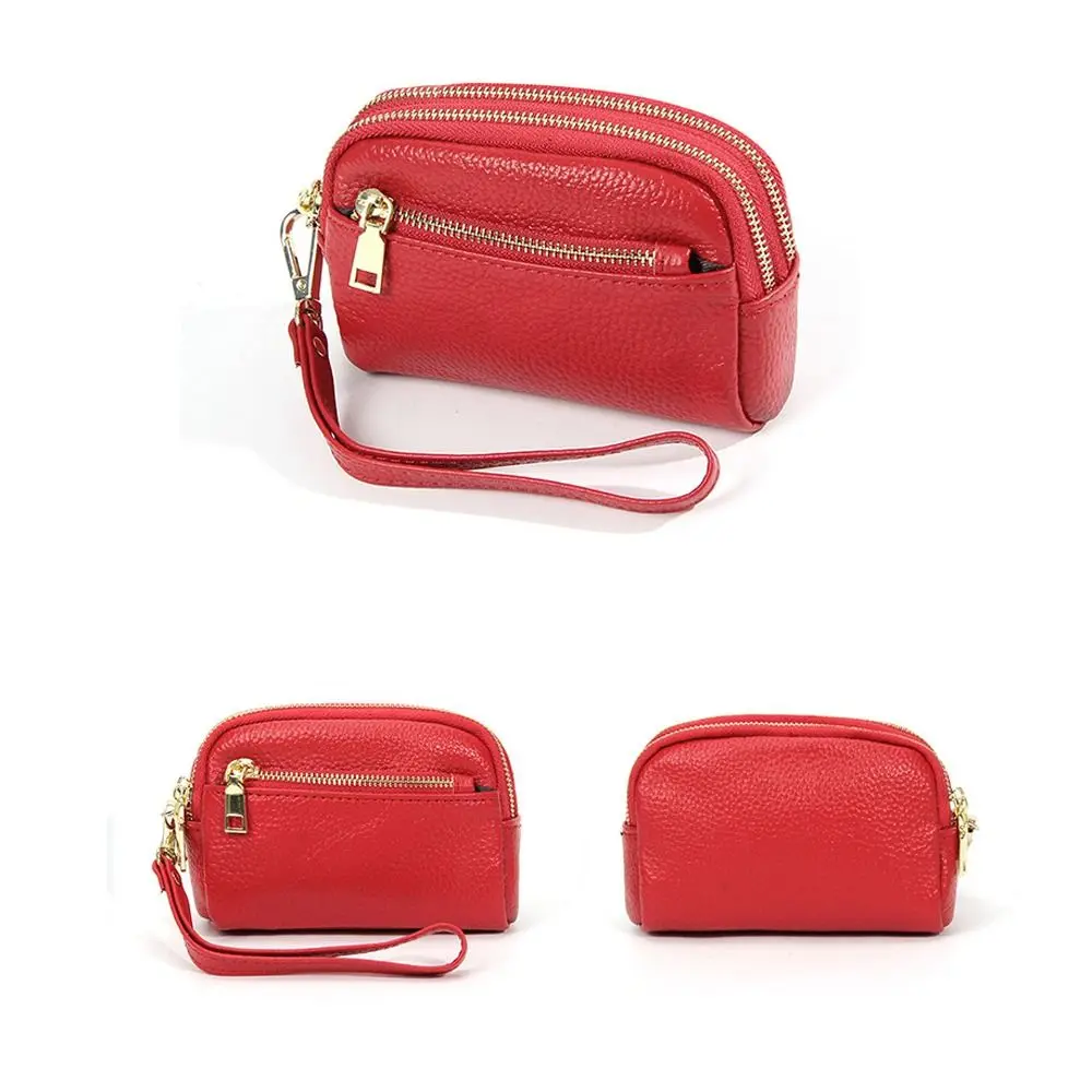 Fashion Cowhide Leather Wallets Solid Color Multi Functional Coin Purse Three Zipper Casual Change Bag for Women