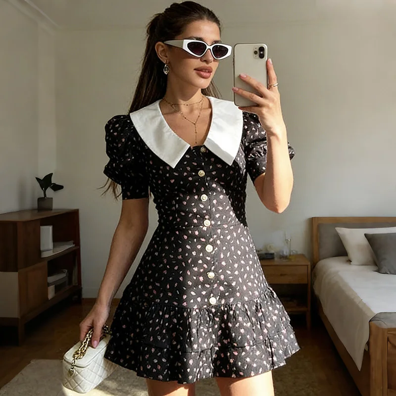 

Ticketsx Fashion V Neck Print Dress Women's Contrast Button Patchwork High Waist Mini Dress Elegant Vacation Party Club Dresses