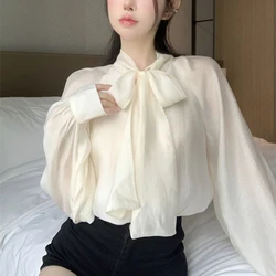Vintage French Women Shirts Elegant Bow Tie Long Sleeve Blouse Office Ladies New Fashion Chic Solid Female Tops Spring Autumn