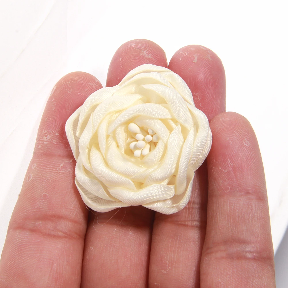 10Pcs 3.5cm Vintage Burned Eage Satin Flowers With Stamen For Headdress Corsage Flower For Hat Dress Accessories