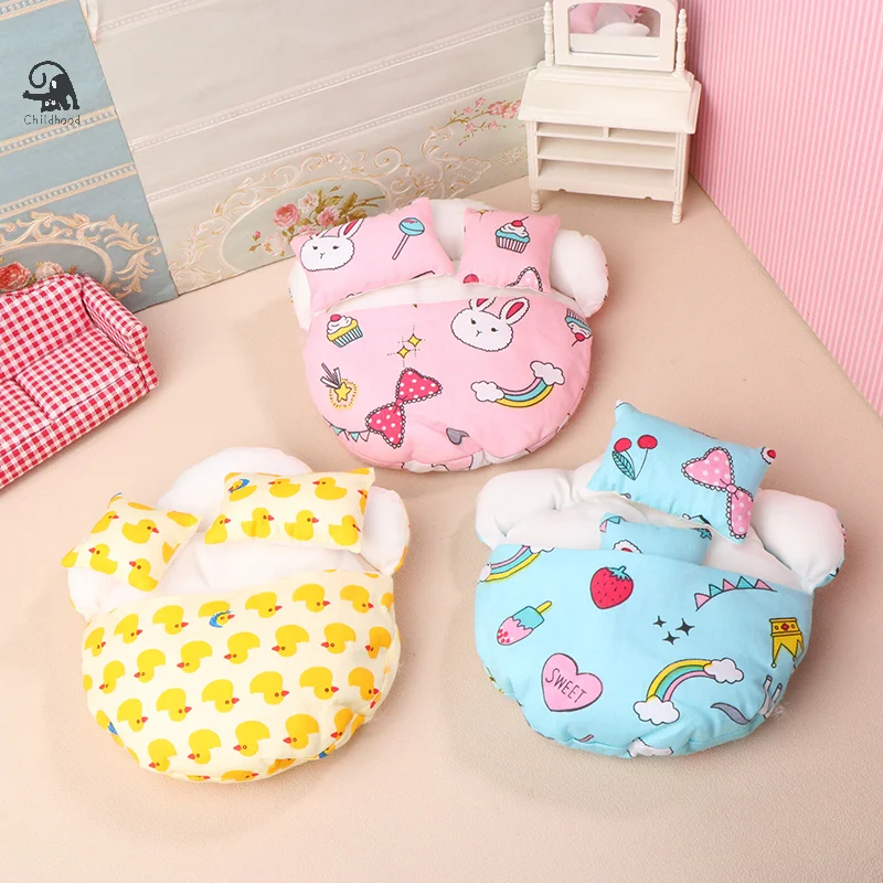 1:12 Doll Miniature Round Sleeping Bag Bed With Two Pillow Dollhouse Bedroom Furniture Accessories Micro Home Scene Decor Props