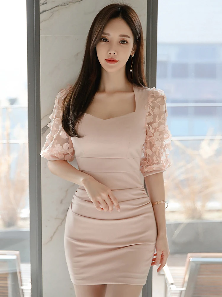 

New Arrival Fashion Sexy Party Dress Women Elegant Summer Vintage Puff Sleeve Chiffon Temperament Fresh Pink Slim Mini Dress