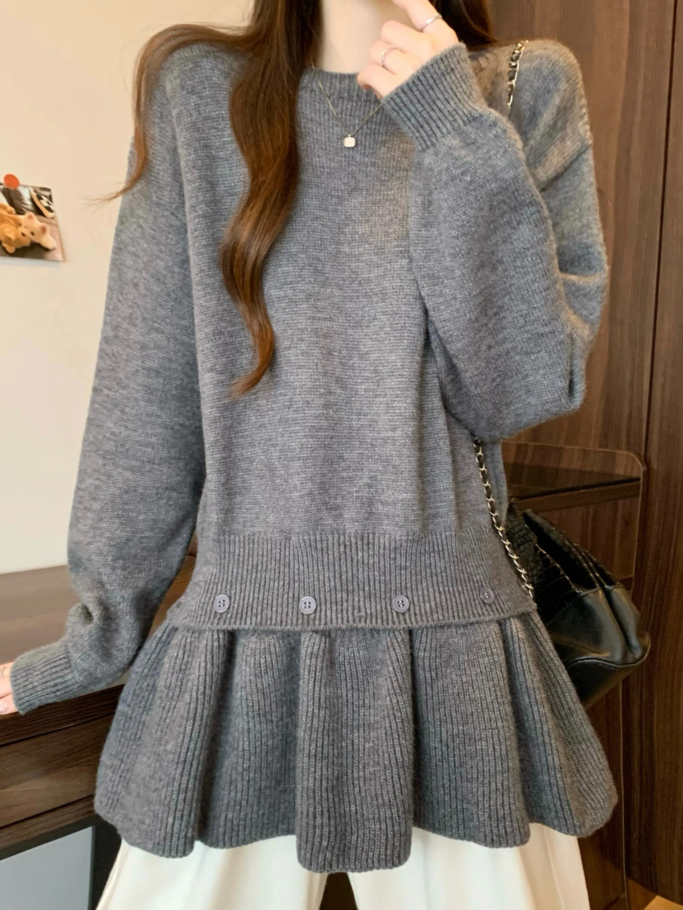 

Detachable Hem Knitted Sweater Women's Autumn Winter Korean Sle Faux Two-Piece Skirt Top Soft Long Sve round Ne Sweater