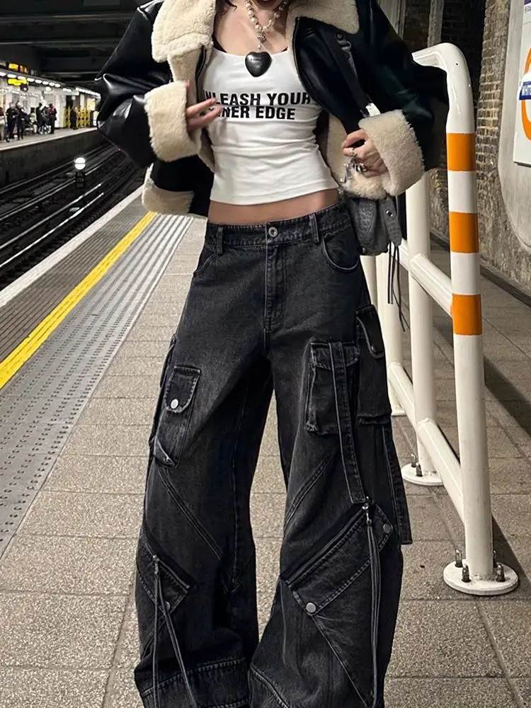 Women's Black Gothic Baggy Jeans Y2K Japanese Harajuku  Aesthetics Streetwear 2000s Retro Wide Legs Pants Jeans Clothing 2024