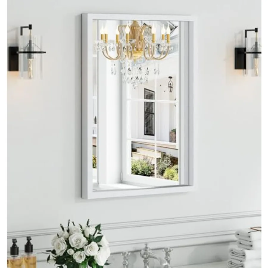 

White Wood Frame Bathroom Mirror 22''x30'' Modern Vanity Mirror for Wall Waterproof Slim Deep Frame Rectangular HD Tempered Gla