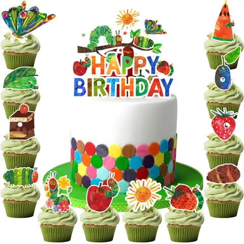 25 Pcs Very Hungry Caterpillar Cake Decorations-Caterpillar Cake Topper+Hungry Caterpillar Cupcake Toppers for Caterpillar Party