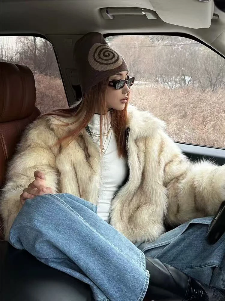 Elegant Faux Fox Fur Coats Women Y2K Winter Thick Warm Casual Plush Jackets Y2K Streetwear All Match Faux Fur Outerwear New