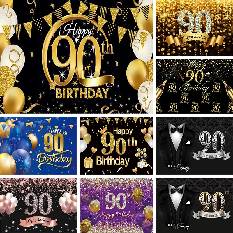 

Happy 90th Birthday Backdrop for Women Men 90 Years Anniversary Party Photo Background Photography Black Gold Balloon Decor Prop
