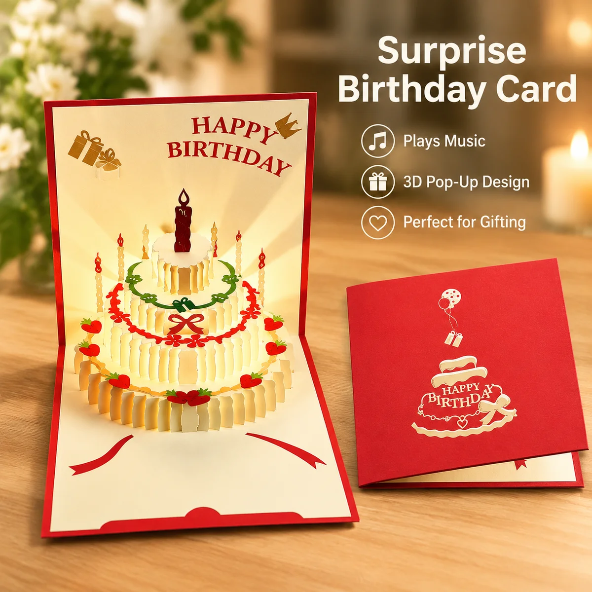 Red Musical Pop Up Birthday Card with 3D Cake Design, Paper Greeting Card for Birthday Party Table Decor and Gift Giving