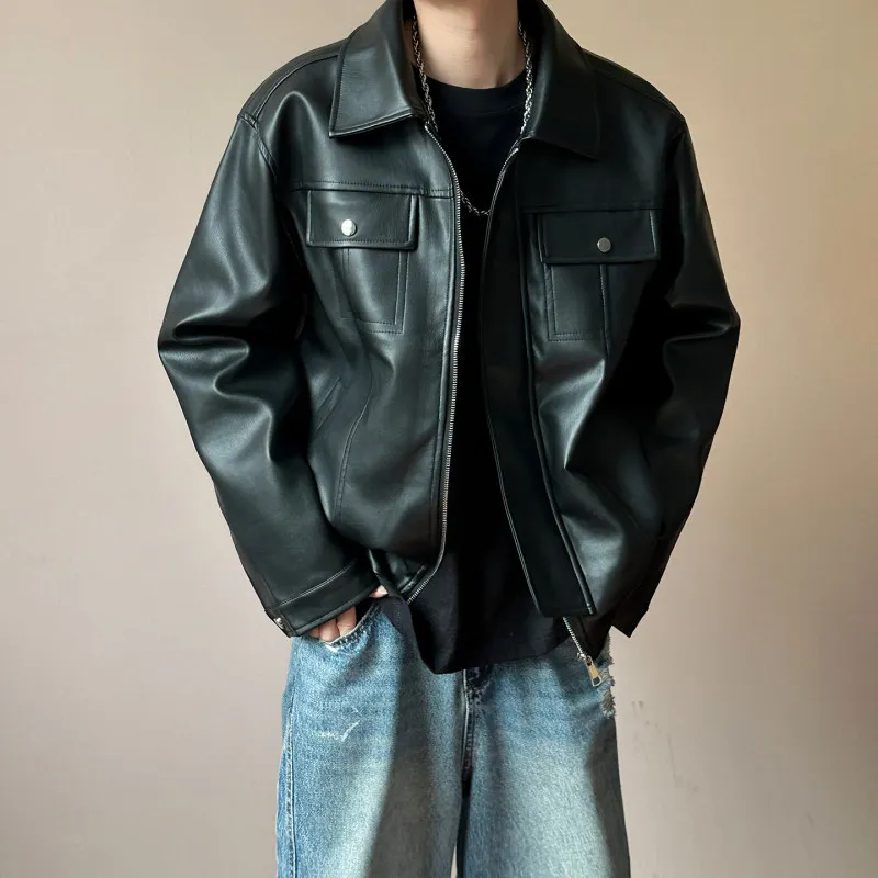 

American Sle Loose PU Leather Motorcycle Jaet Men's Faionable Biker Coat ort Sve Zipper Closure Color