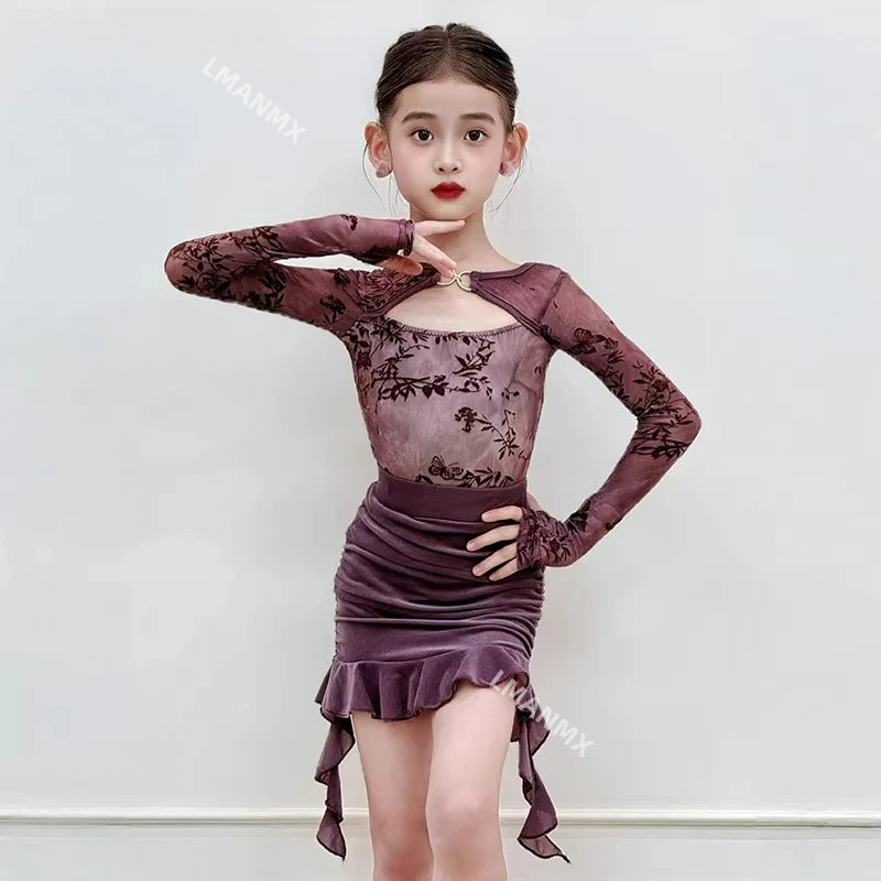 

2025 Autumn/Winter New Long Sleeve Latin Dance Dress Children's Women's Practice Dress