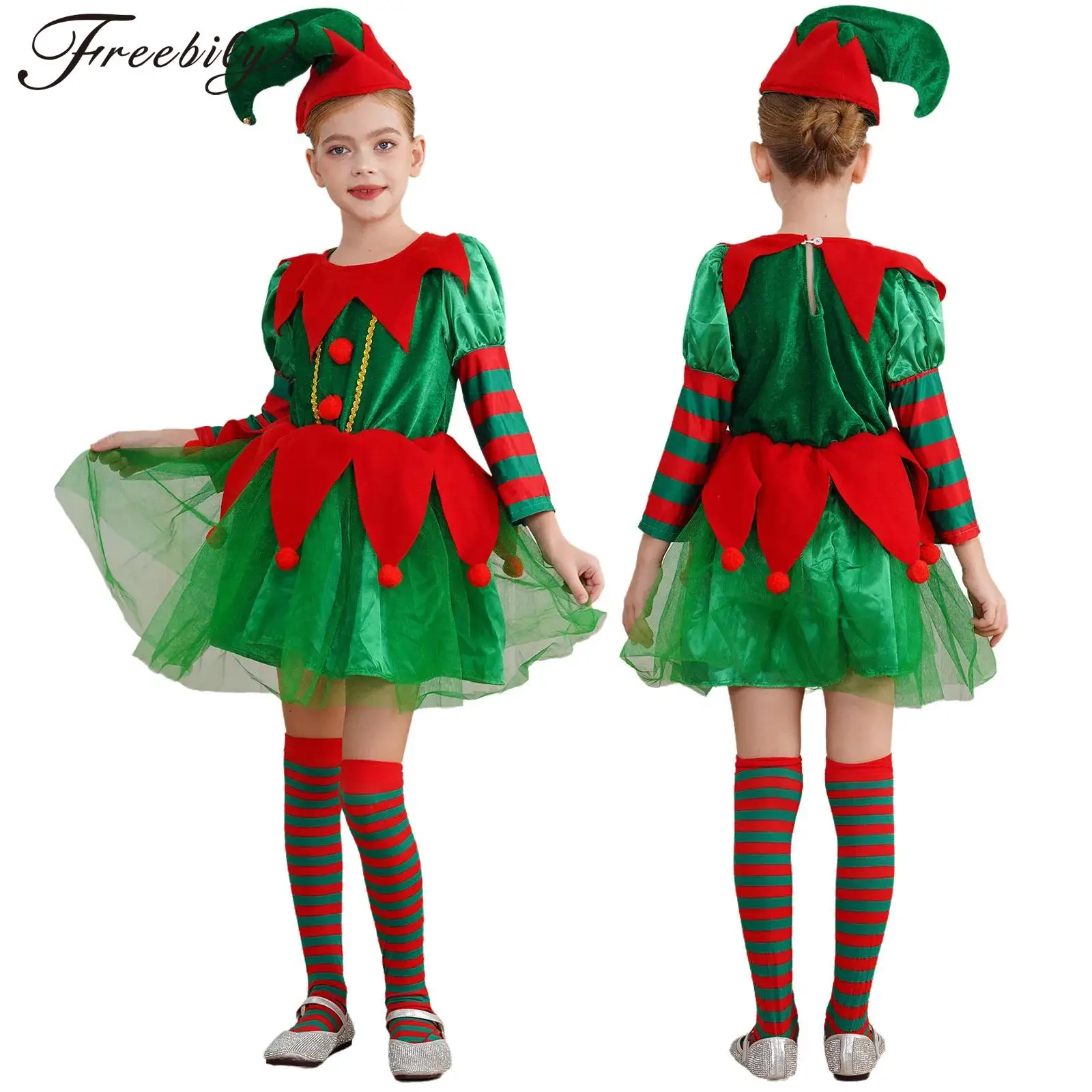 Girls Christmas Elf Cosplay Costume Long Sleeve Dress with Hat Stripe Stockings Xmas Carnival Halloween Party Performance Outfit