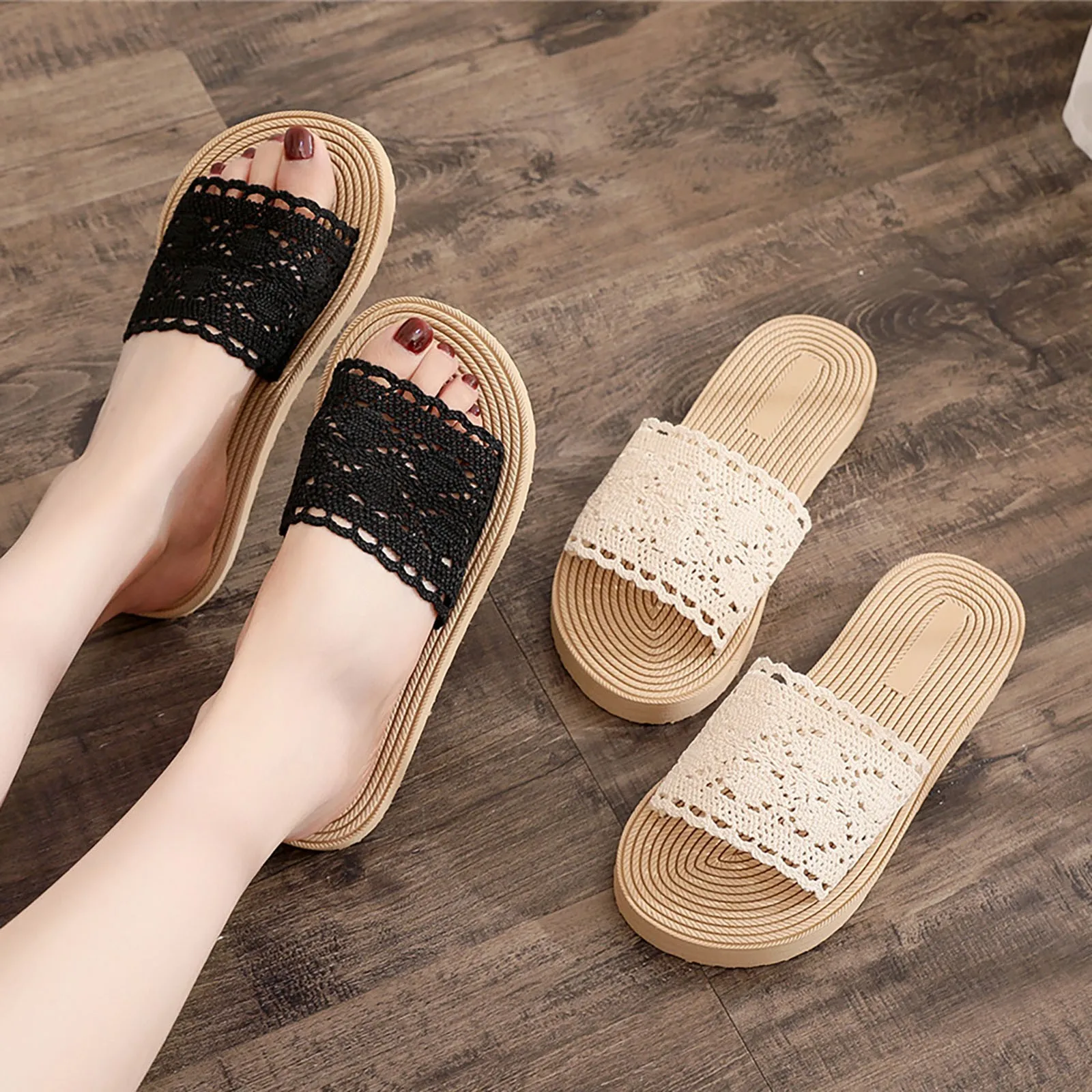 New Home Hollow Embroidery Women Slippers Home Lace Breathable Linen Slippers Ladies Flower Inside Beach Shoes Slides