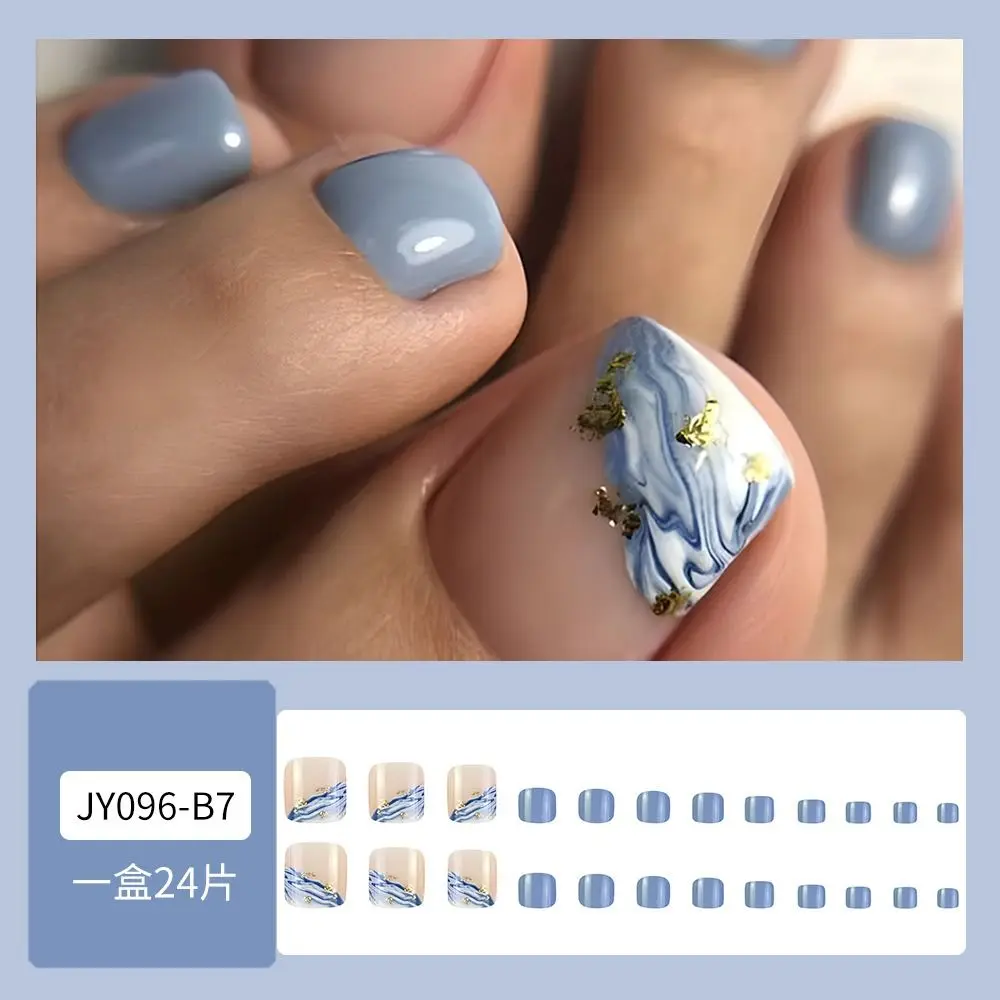 24pcs Fake Toenails French Full Cover Summer Blue White Gradient Short Square Toe Nails Foot Nails Tips for Women Girl