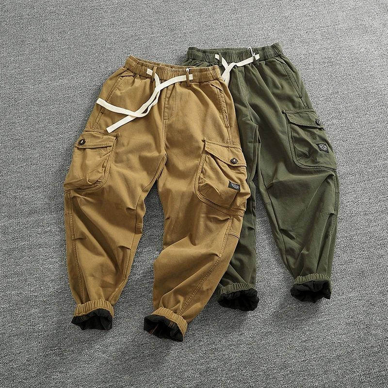 Winter Fleece And Thick Casual Pants Men's Multi-pocket Japanese Hong Kong Fashion Brand Loose Elastic Leg Overalls Trend
