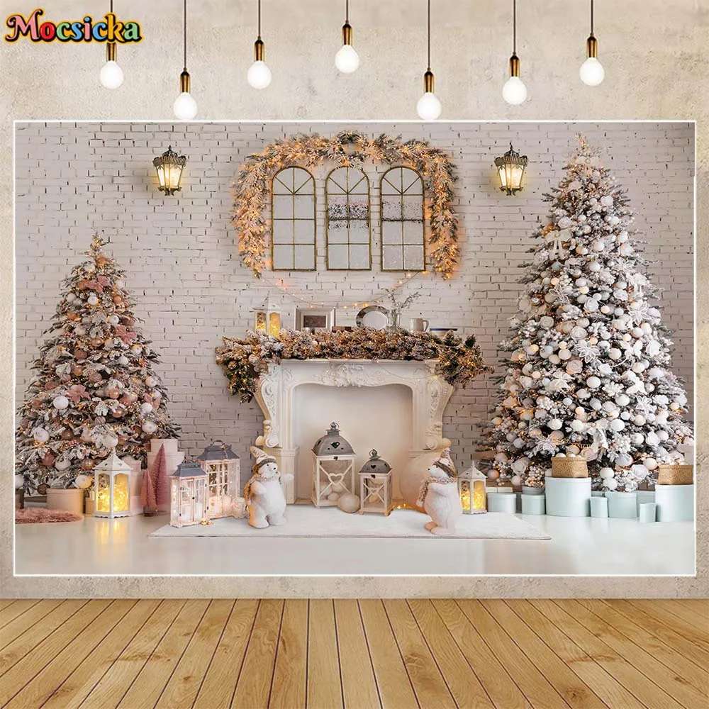 

Mocsicka Christmas Backdrop Indoor Fireplace Xmas Tree Kids Adult Portrait Shoot Background Family Party Decor Photography Props