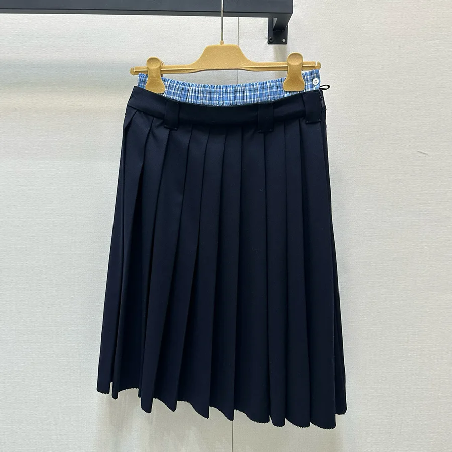 Blue patchwork faux two-piece mid-length half-skirt for women with low waisttrendy pleated skirt spring style