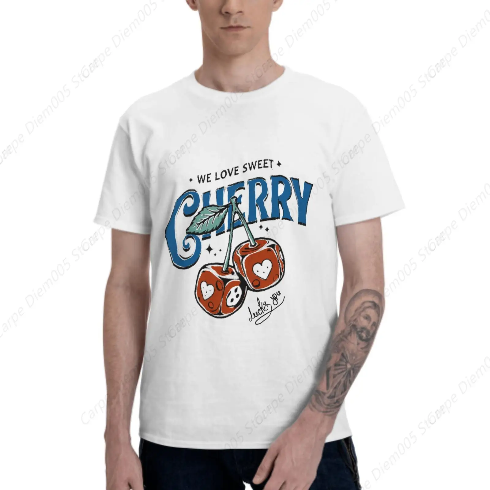 

Cherry Dream Magic T Shirt Round Neck Tee With Heart-Shaped Dice And Floral For Men Women Hiphop Street Style