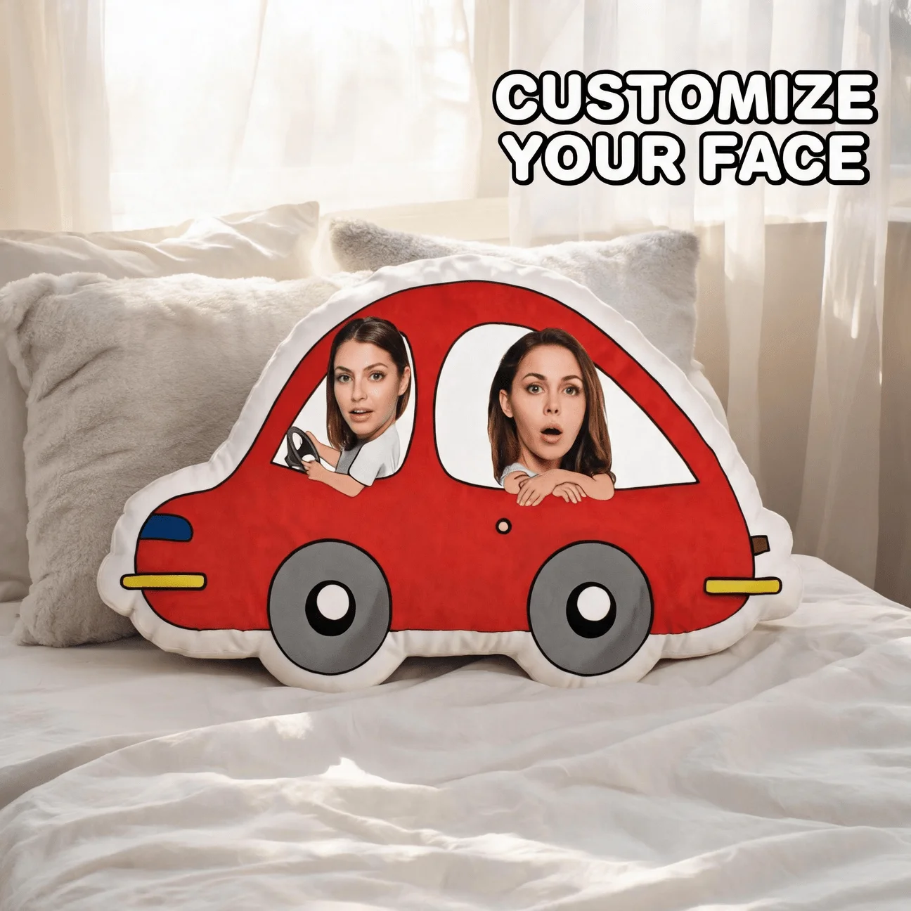 Custom Photo Car-Shaped Pillow, Personalized Face in Red Vehicle Decorative Cushion, Funny Expression Home Decor Accent for Sofa