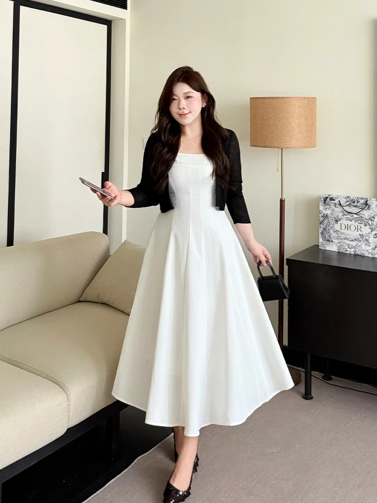 

White Inner Wear Vintage Style plus Size Dress with Strap Square Collar Long Skirt French Style High Waist No Sleeve Summer D...