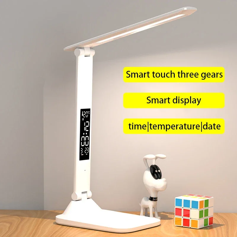 

New Led Table Lamp Touch Foldable USB Rechargeable With Alarm Clock Thermometer Dimmable Night Light for Desk Study Reading Lamp
