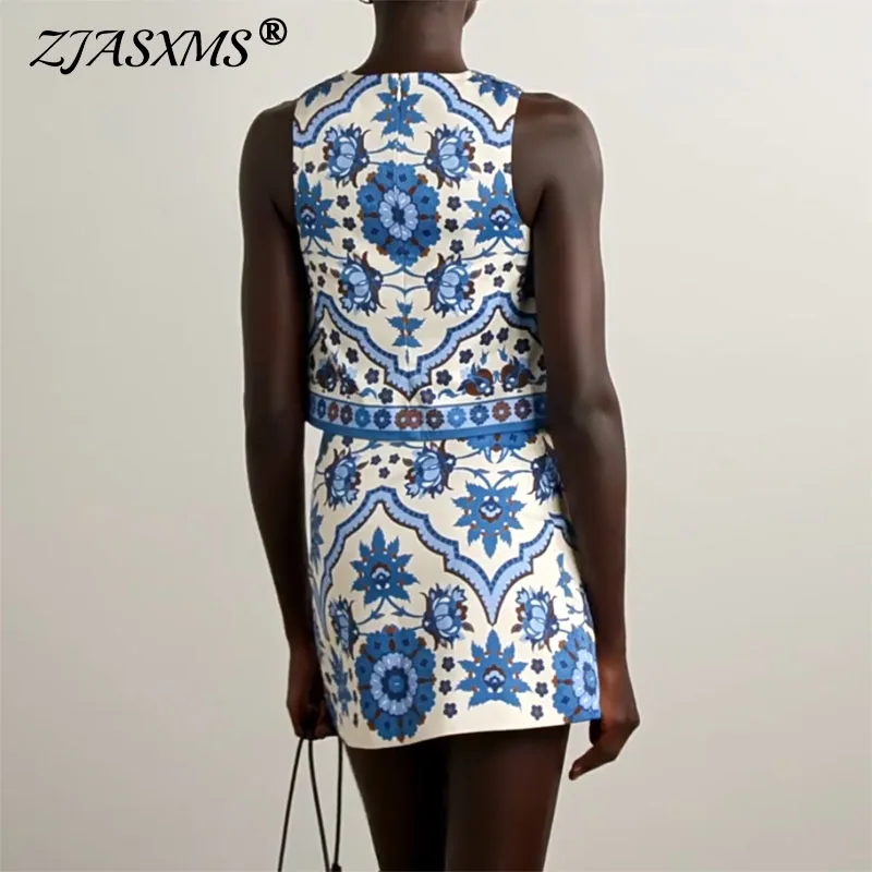 

Retro Flower Print Slim Fit 2 Piece Set Woman Sexy O Neck Sleeveless Vest Top+A-Line Skirt Outfits Spring Summer Hollow Zip Suit