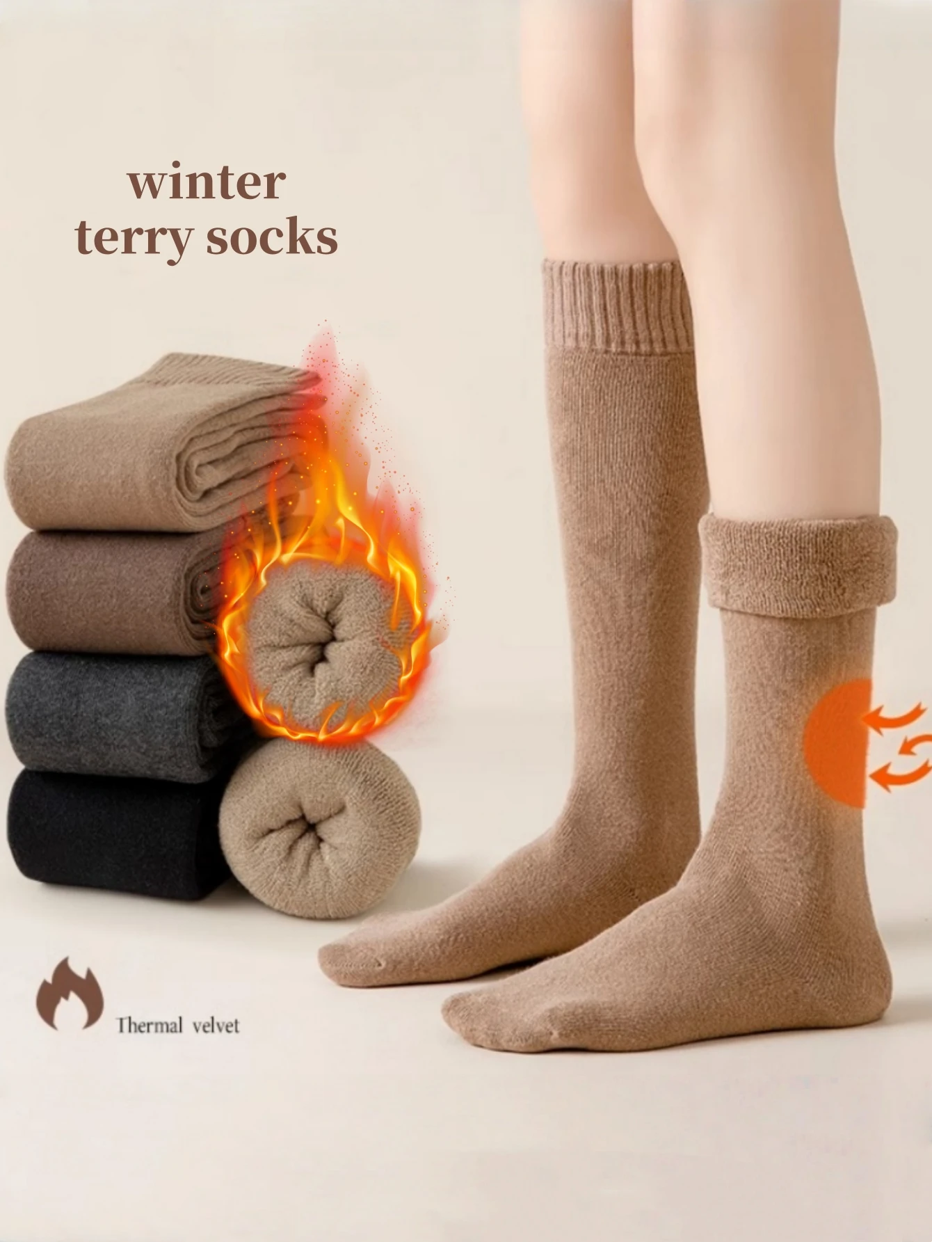 Damen-Wintersocken, Warme Lange Strümpfe, Dicke Thermische Baumwoll-Frottee Einfarbige Harajuku Atmungsaktive Verstärkte Kniehohe Socken