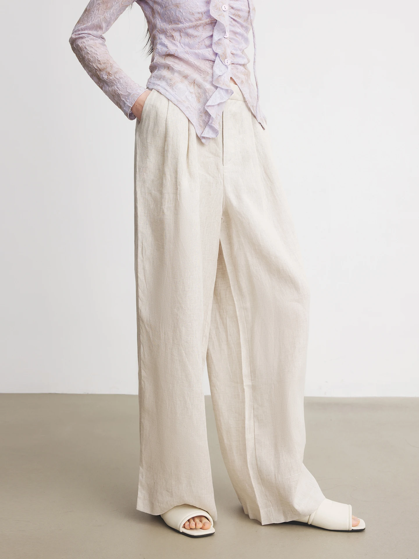 

Annata Light Beige Full Linen Narrow Wide Leg Pants Women Summer Loose Straight Casual Trousers High Waist Comfortable Soft