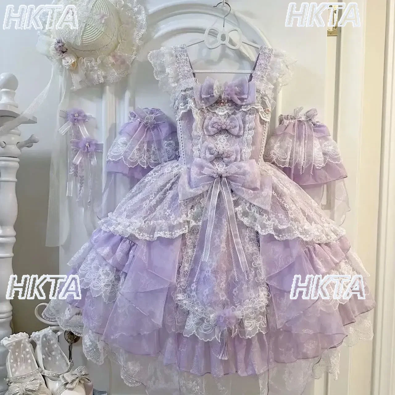 

Original Design New Lolita Chinese Style Sweet Bow Girl Mesh Jsk Strap Dress Women Girls New Year Party Birthday Short Dress