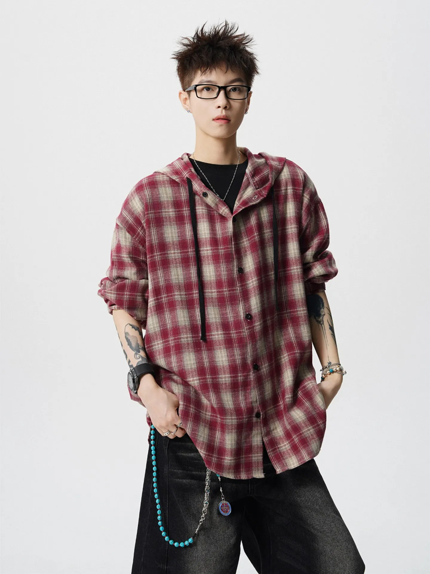 

American Sle Vintage Plaid Long Sve Men's irt Loose Fit Hooded Jaet Autumn Casual Top Button down No Ironing Needed