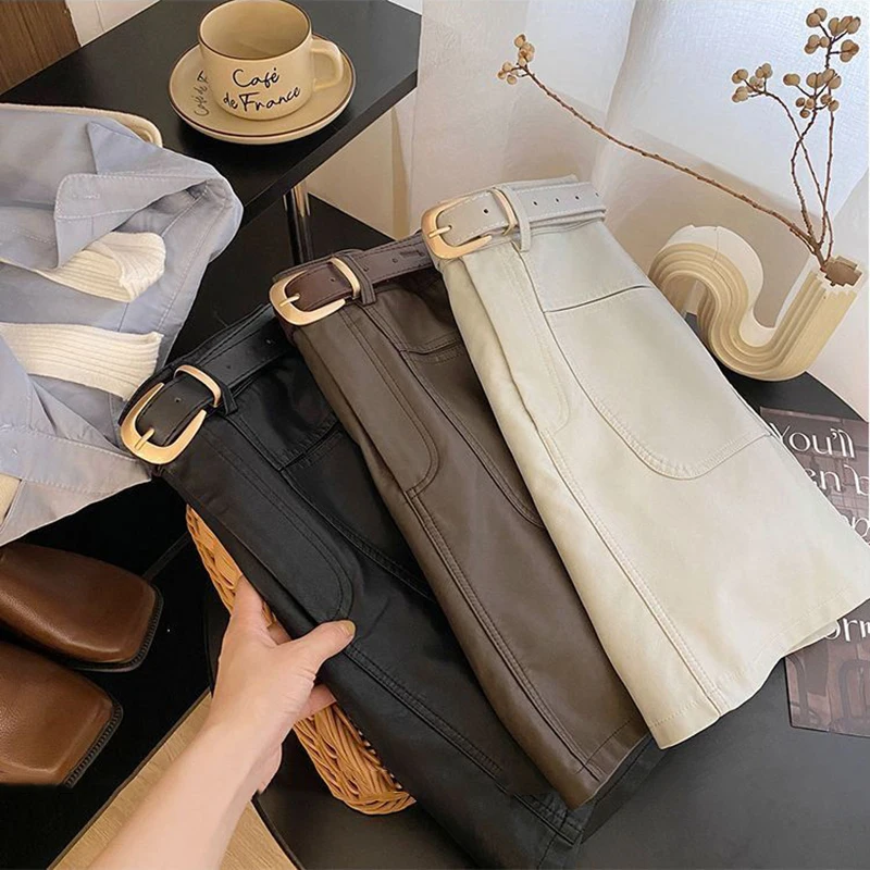 Mini jupes Cargo en cuir Pu pour femmes Y2K automne Streetwear avec ceintures décontracté une ligne jupe coréenne taille haute solide jupe décontractée