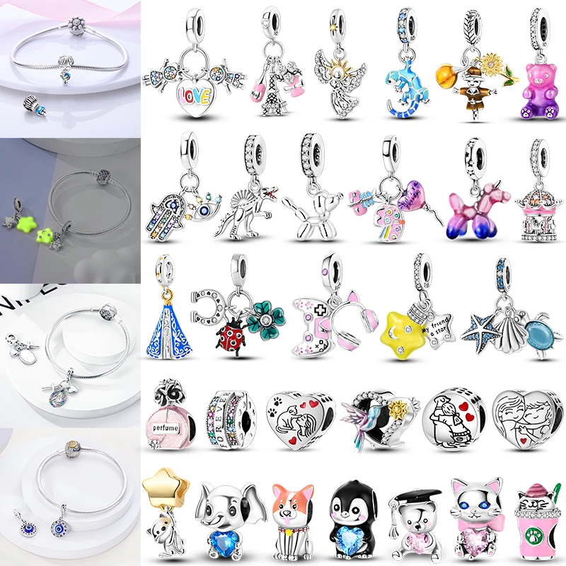 

925 Sterling Silver Sunflower Chameleon Scarecrow Charm Beads for DIY Bracelet Making Golden Fit Original Jewelry Gift for Women