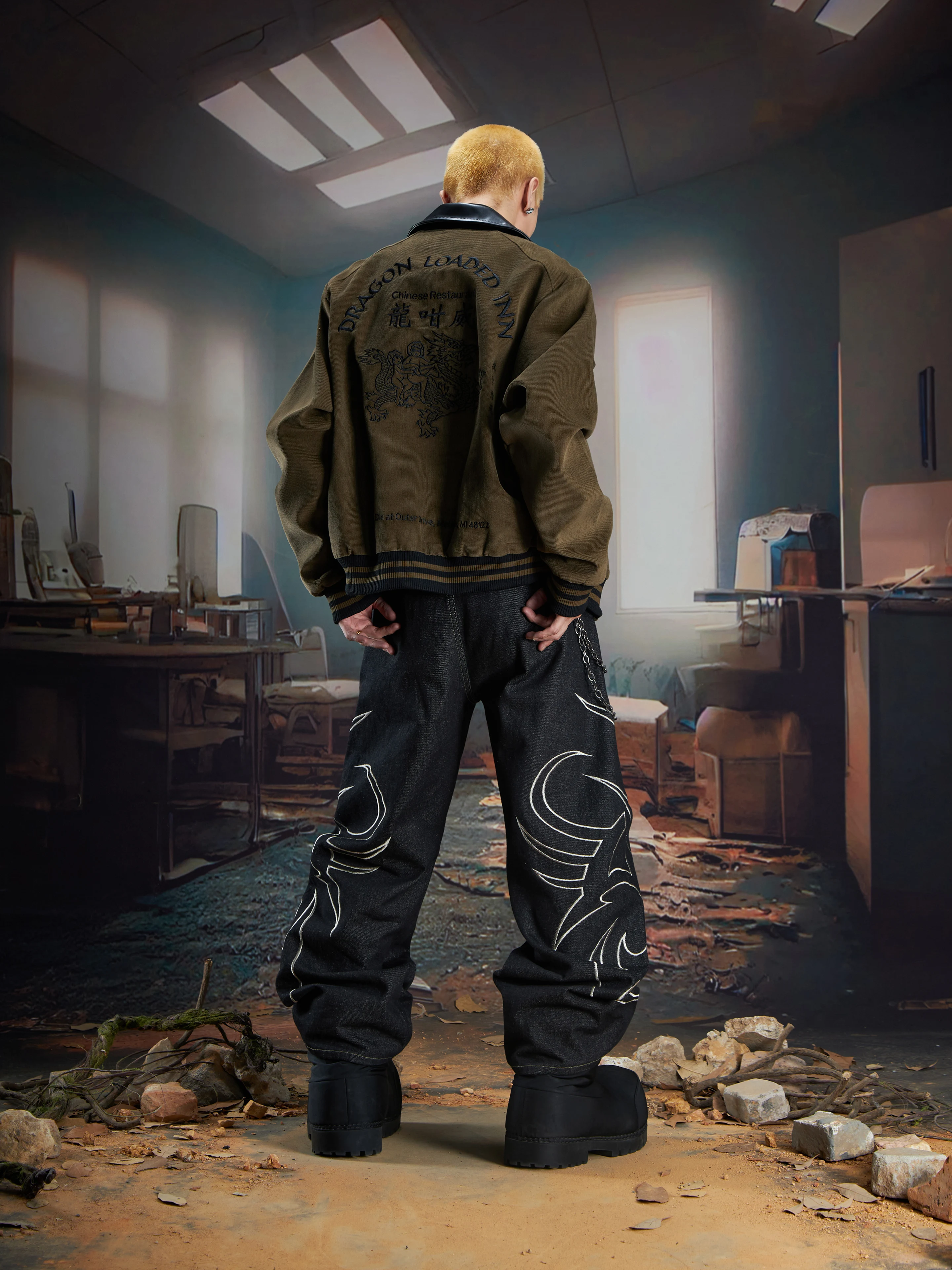 

Embroidered Text Totem Vintage Corduroy Leather Collar Button Spring and Autumn Jacket Coat