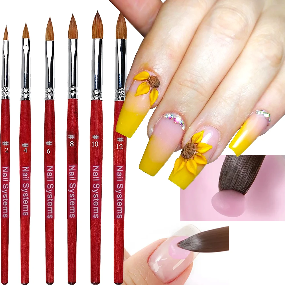 1 stks 6 Size 3D Acryl Nagelborstels Rode Pen Acryl Vloeibaar Poeder Ovale Carving Gel Borstel Nagel Gesneden Verlengen manicure Salon Gereedschap